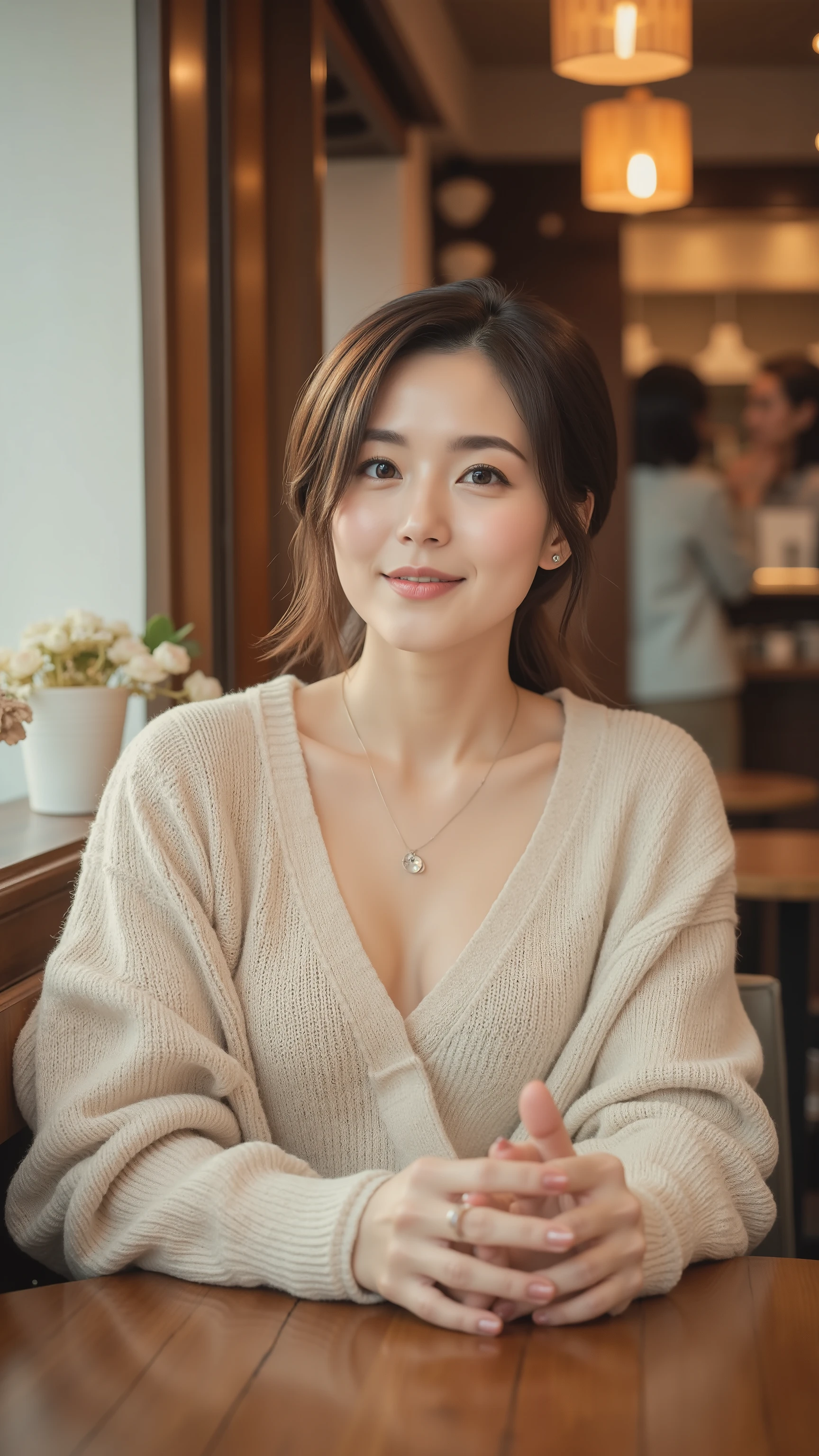 UHD, 16k, Masterpiece, top quality, Surrealism, Korean middle-aged woman, (( fair and clean skin)), ((  Light beige V-neck long-sleeve sweater, sweater is soft and knit material, cashmere, sleeves long and slightly baggy fit, ribbed cuffs, neckline is classic V-shaped with neat edges, brown skirt, thin delicate necklace, sitting in a cafe enjoying the scenery, )) ((seductive pose))