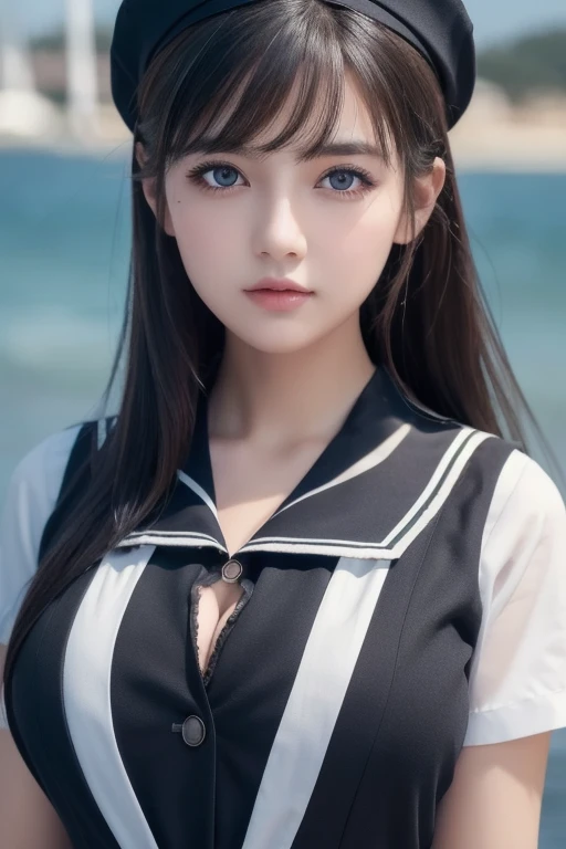 1 girl, (highest quality:1.4), (super detailed), (Highly detailed beautiful face), wonderful face and eyes, black eye, black hair, (sailor suit), (cleavage), Smooth, Highly detailed CG integrated 8k wallpaper, High resolution raw color photos, professional photos, light, Backlight, dream-like, impressive, Depth of bounds written