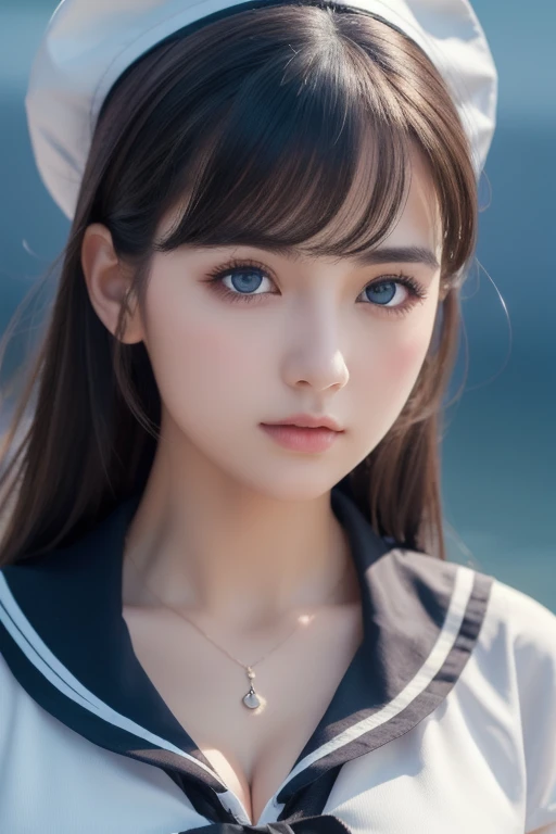 1 girl, (highest quality:1.4), (super detailed), (Highly detailed beautiful face), wonderful face and eyes, black eye, black hair, (sailor suit), (cleavage), Smooth, Highly detailed CG integrated 8k wallpaper, High resolution raw color photos, professional photos, light, Backlight, dream-like, impressive, Depth of bounds written