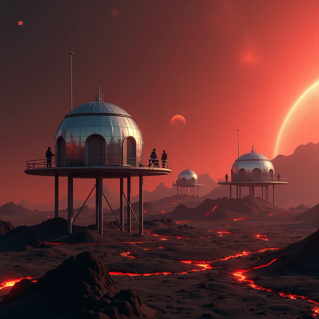 Animation, work of art, 8K quality, theme "space colony", the surface of a planet with active volcanoes, a red sky lit by red-hot lava, people living off geothermal energy, a group of houses standing on high ground like wooden clogs made of sturdy silver alloy, a group of houses built on stilts, the dark space of space spreads out in the background and the galaxy shines, the sky is always dark, eerie black smoke creates a haze, a space pod looks small in the distance.