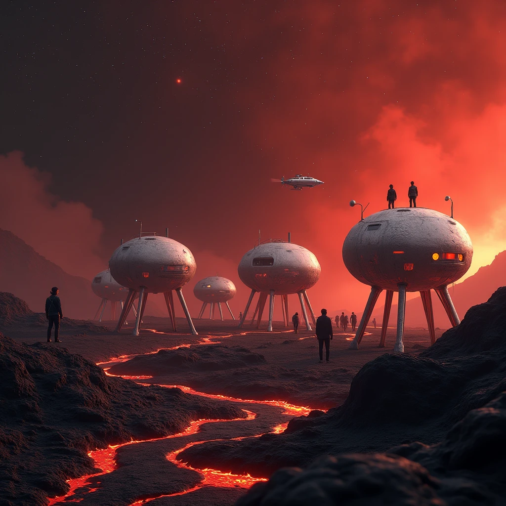 Animation, work of art, 8K quality, theme "space colony", the surface of a planet with active volcanoes, a red sky lit by red-hot lava, people living off geothermal energy, a group of houses standing on high ground like wooden clogs made of sturdy silver alloy, a group of houses built on stilts, the dark space of space spreads out in the background and the galaxy shines, the sky is always dark, eerie black smoke creates a haze, a space pod looks small in the distance.