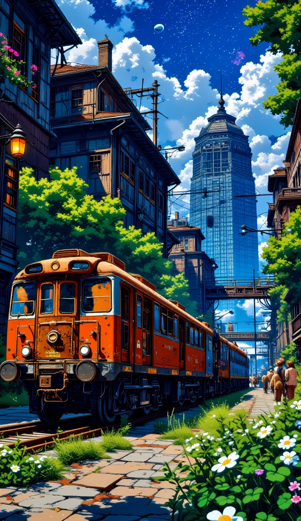 A serene, post-apocalyptic urban landscape at night, rendered in the enchanting and magical style of Studio Ghibli. The setting is an abandoned city street overgrown with vibrant greenery, illuminated by the soft glow of the moon and the warm flicker of scattered lanterns. An old, rusting orange train rests silently on broken railway tracks, its surface weathered by time, covered in moss and small blooming flowers. The tracks are uneven and fractured, with grass, clovers, and wildflowers growing in between the gaps, reclaiming the space.
Surrounding the scene, tall, decaying buildings rise into the starry sky, their facades draped in vines and ivy. Some of the windows are shattered, while others glimmer faintly with reflected moonlight. Wooden bridges and suspended walkways connect the buildings at various heights, their wooden planks creaking under the weight of the foliage that has grown over them. Delicate strings of glowing lanterns hang across the streets and walkways, their light