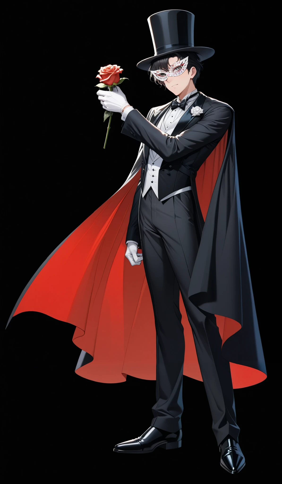 (masterpiece, best quality, very aesthetic, ultra detailed), intricate details, chiba_mamoru,1boy,solo,black hair,male, tuxedo, White carnival mask, top hat, holding rose