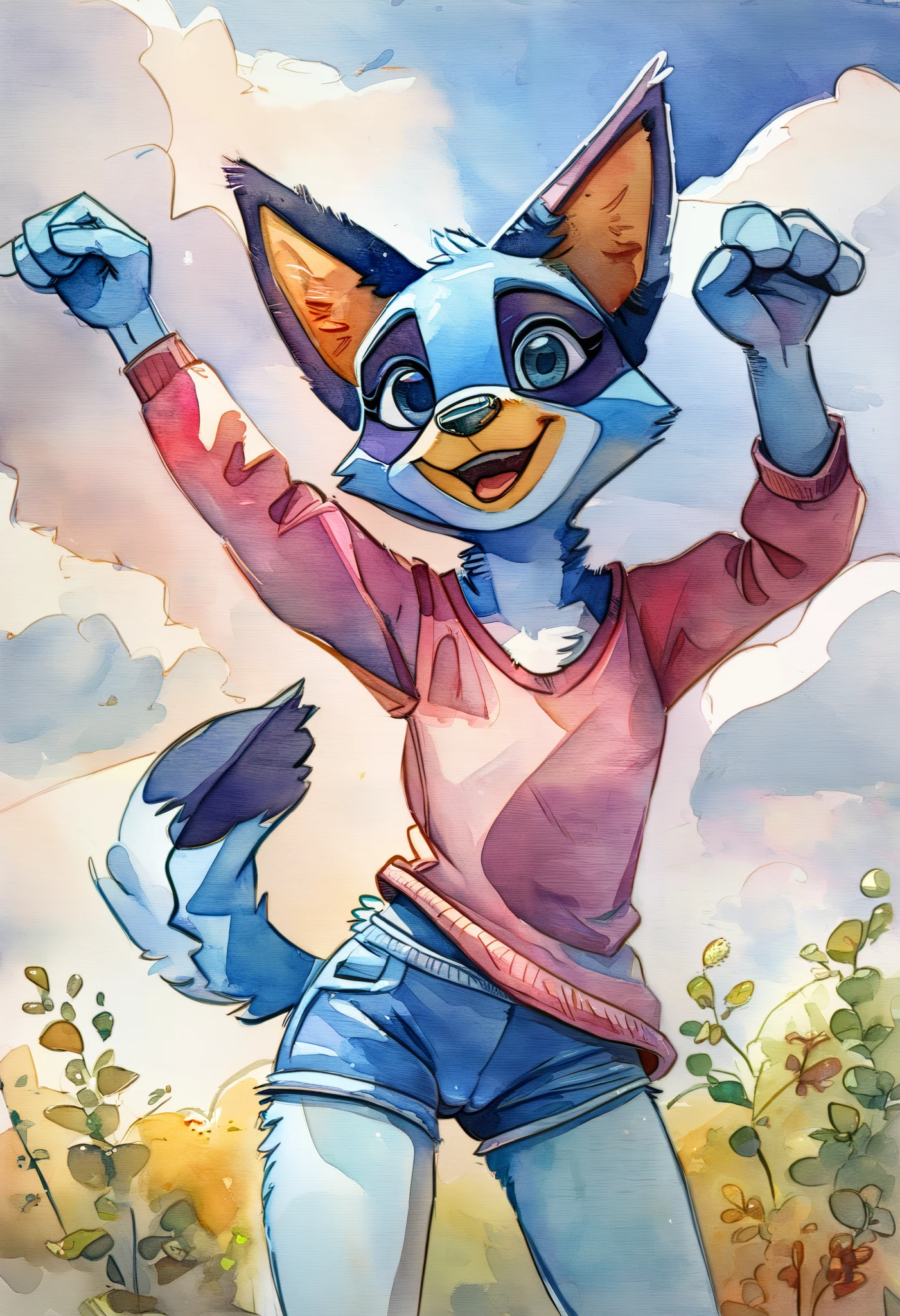 score_9, score_8_up, score_7, 1girl, source_furry, furry female, (ncpy43 style), (watercolor painting), flat shading, blueyxl, (bluey heeler), ((art by butterchalk)), (cub), girl, cowboy shot, anthro, furry, tail, blue body, sky, day, cloud, blue sky, (Extremely excited expression, expressive face), (large smile), whimsical, (flat chest), detailed fur texture, cute outfit, blue shorts, pink shirt, long sleeve, hip vent, camel toe, (leaning forward), ((pin-up pose)), curved back, hip vent