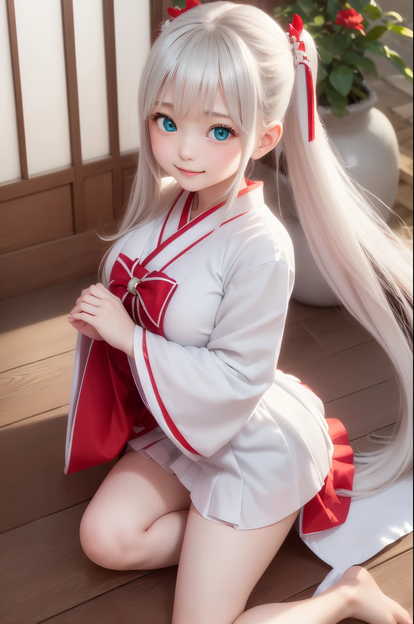 Anime - style girl with long white hair and blue eyes sitting on the ...