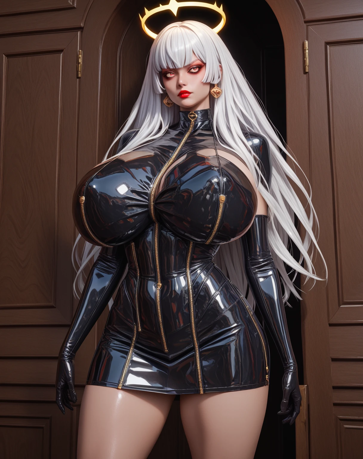 masterpiece, best quality, solo,  1girl, Lilit, latex dress, gloves, gigantic breasts, massive breast, halo latex skirt,mini ruffle skirt, stripe skirt, gloss skin, slender legs, long white hair, epic detailed,  style anime, real cartoon,perfect face, Реалистичная анатомия, Лучшее качество, Высокая детализация, room,