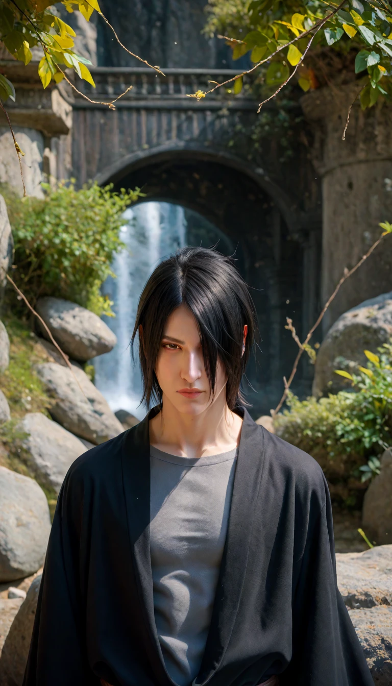 Sasuke uchiha, black hair his covering one eye, grey shirt long sleeve, black cloak, black long pant, outdoors, rocks backgorund, looking at viewers