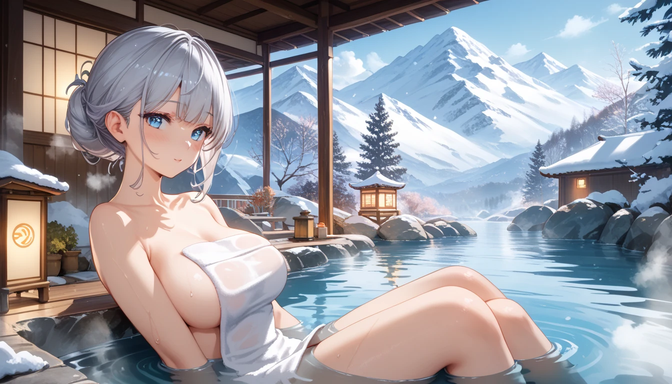  masterpiece， high resolution on the bench，Anime Art，Anime Numbers， 4k anime wallpaper，Soft Light， radiant skin， unique ，An anime girl， blush，Half of the body is in the water， silver hair ， Steaming ，gradient blue eyes，leg，bath towel，A distant view of a snowy mountain ，hot spring