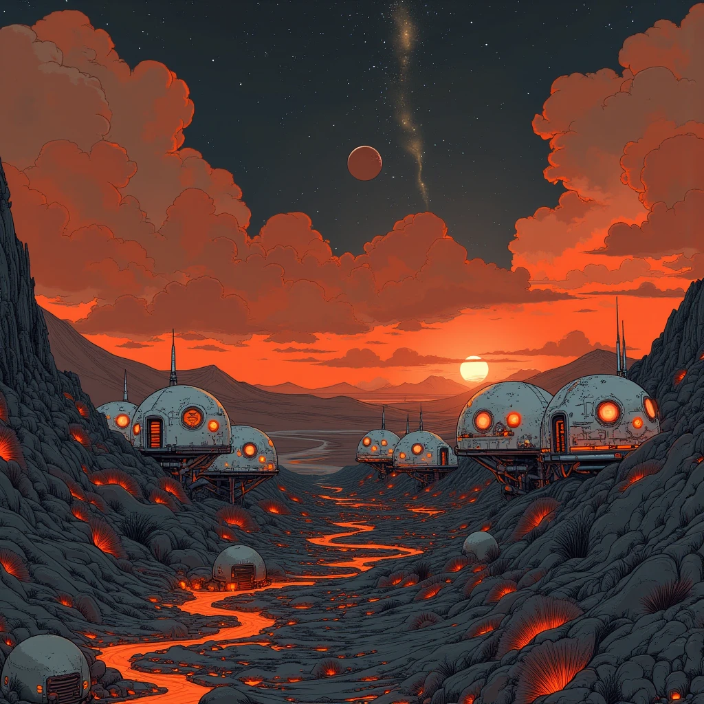 Animation, work of art, 8K quality, theme "space colony", the surface of a planet with active volcanoes, a red sky lit by red-hot lava, people living off geothermal energy, a group of houses standing on high ground like wooden clogs made of sturdy silver alloy, a group of houses built on stilts, the dark space of space spreads out in the background and the galaxy shines, the sky is always dark, eerie black smoke creates a haze, a space pod looks small in the distance.