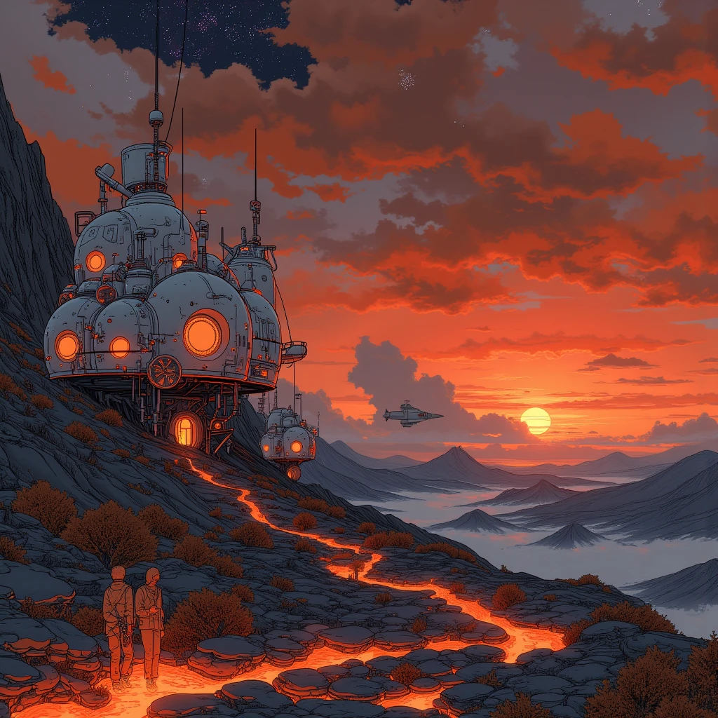 Animation, work of art, 8K quality, theme "space colony", the surface of a planet with active volcanoes, a red sky lit by red-hot lava, people living off geothermal energy, a group of houses standing on high ground like wooden clogs made of sturdy silver alloy, a group of houses built on stilts, the dark space of space spreads out in the background and the galaxy shines, the sky is always dark, eerie black smoke creates a haze, a space pod looks small in the distance.