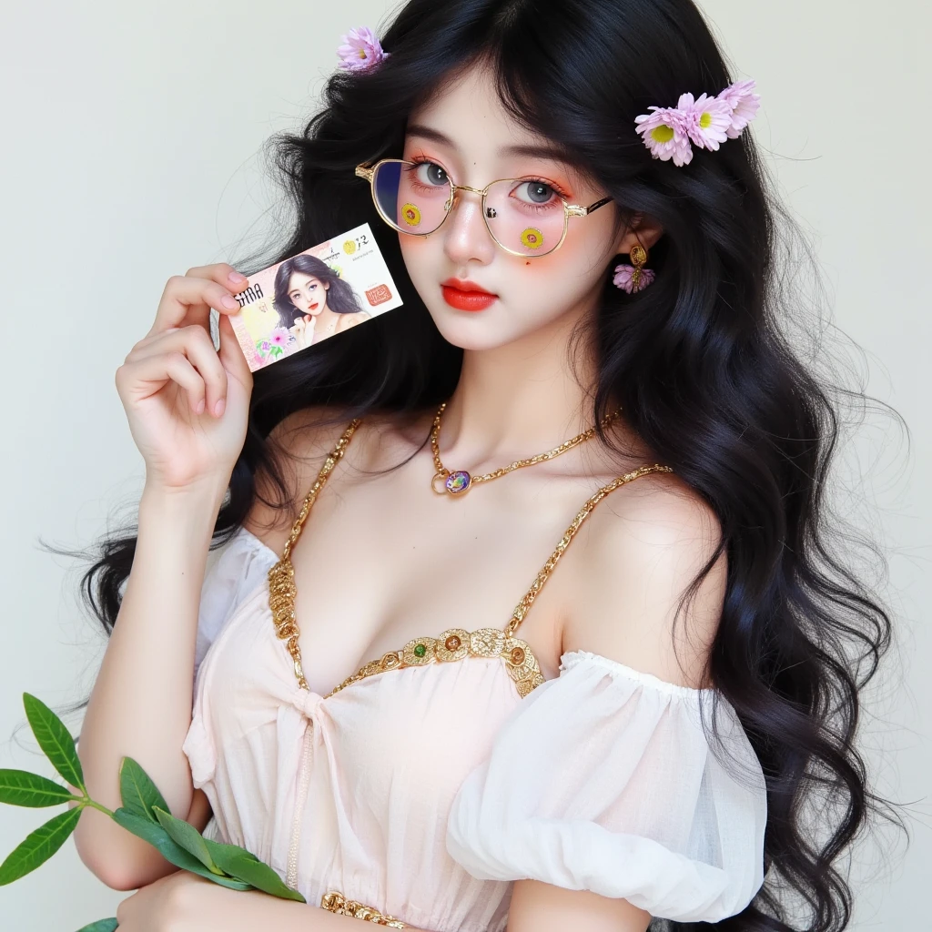 Girl with glasses, long curly hair, cute, holding a thousand baht Thai banknote, wearing gold, sexy white off-shoulder top, pink skirt,
full body, not overflowing the edge.