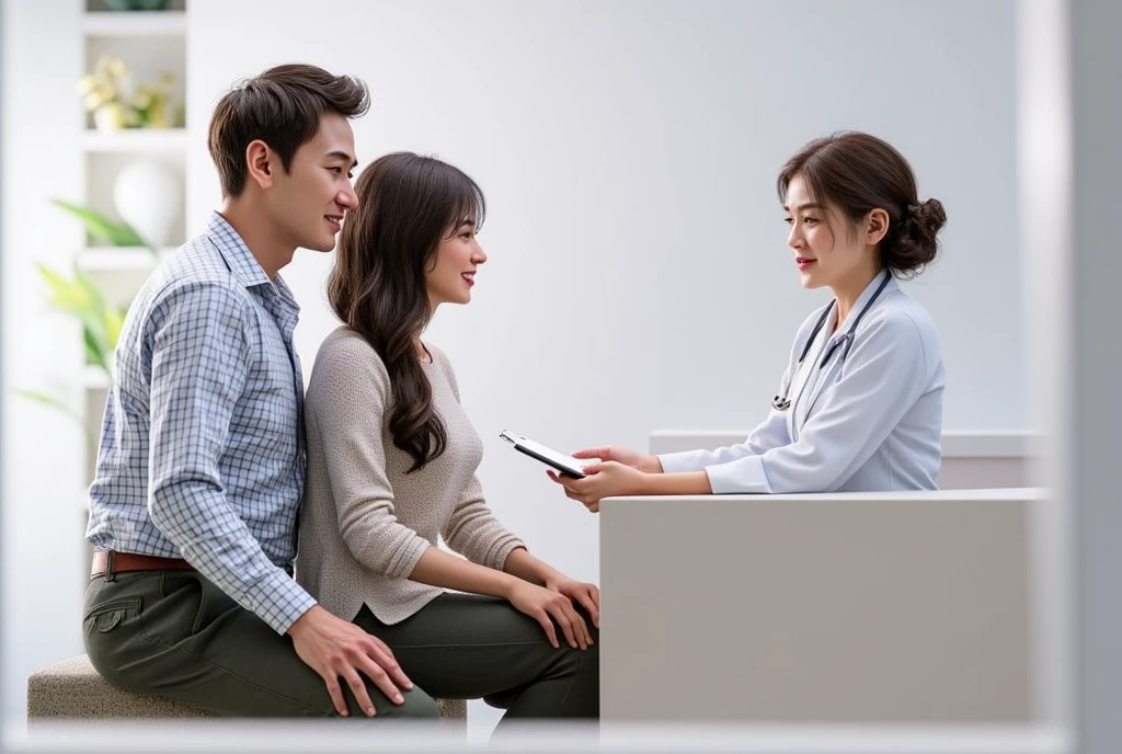 Thai husband and wife asking for advice from a nurse at the nurse's counter, white background. smiling, (best quality:1.3), photo-realistic, highly detailed, high resolution RAW photo, studio light, extreme detail, High definition, perfect shape, detailed face, detailed eyes, detailed lips, detailed nose, best quality, 4k, 8k, high resolution, masterpiece:1.2, ultra-detailed, realistic, photorealistic:1.37, HDR, UHD, super photography,