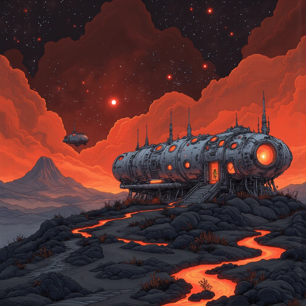 Animation, work of art, 8K quality, theme "space colony", the surface of a planet with active volcanoes, a red sky lit by red-hot lava, people living off geothermal energy, a group of houses standing on high ground like wooden clogs made of sturdy silver alloy, a group of houses built on stilts, the dark space of space spreads out in the background and the galaxy shines, the sky is always dark, eerie black smoke creates a haze, a space pod looks small in the distance.