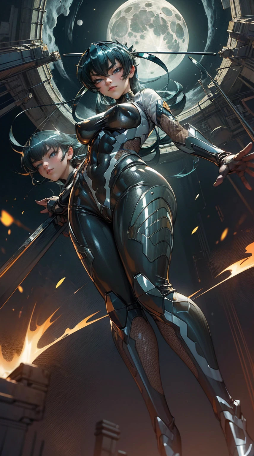 (((woman))), (((best quality))), (((masterpiece))), ((((adult))), (((full body)))), A 35-year-old full-body warrior perfectly bodyed, almost naked in Simon Bisley's urban savage style for the cover of Heavy Metal magazine, light brown hair with heavy bangs on her forehead, Minimum clothing, armor (dark blue with white stars), full of ink-stained tips and rivets,  5-pointed star tattoo, ((((full body)))