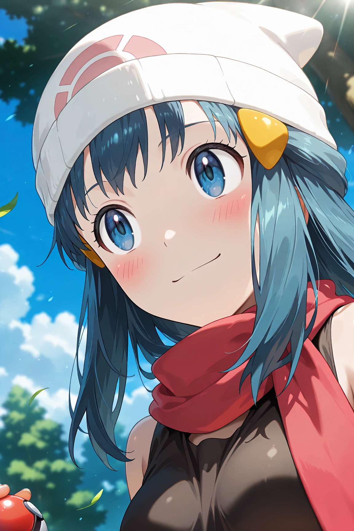 score_9, score_8_up, score_7_up, score_6_up, score_5_up, score_4_up, source_anime, aadawn, long hair, blue hair, beanie, white headwear, hair ornament, blue eyes, breasts, red scarf, sleeveless shirt, black shirt, wristwatch, bracelet, pink skirt, standing, outdoors, filed, flower, tree, holding poke ball, smile,

(realistic skin0.8),
Shiny, skin,

(blush:1.4), smile,
cinematic, dramatic, (blurry background:1.4), depth of field, 
1girl, solo, joyful, smile, dynamic pose, dynamic angle, from below, 
outdoors, nature,
(portrait:1.7),
(focus on face:1.2),
(closed-up shot:1.5),
sunny,
blue sky,
cloud,
sunlight,
wind,
looking away,