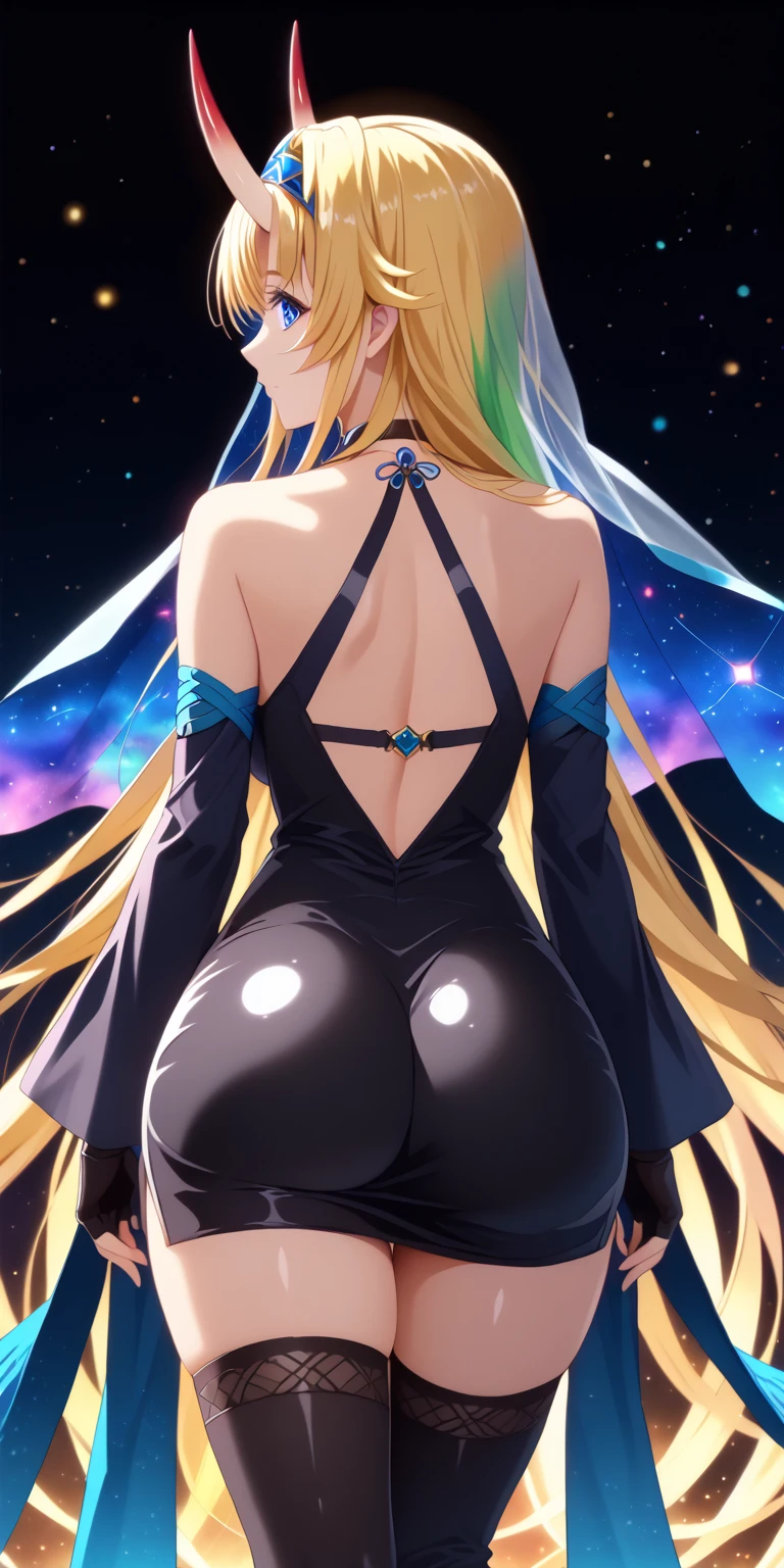 score_9,score_8_up,score_7_up, masterpiece, 1girl, solo, source_anime, scenery, (mature woman:1.3), (wide thighs), (wide hips), (detailed eyes), (high definition eyes), (high gradient eyes), (eyesHD), (best quality:1.4), a close up of a woman with colorful hair, anime girl with cosmic hair, rossdraws pastel vibrant, artwork in the style of guweiz, fantasy art style, colorful, vibrant fantasy style, cosmic and colorful, guweiz, colorfull digital fantasy art, stunning art style, beautiful anime style, shiny, shiny skin, (beautiful female), beautiful face, clear face, Shiny hair, (yellow hair), (very long hair), (blue eyes:1.2), concept art, professional anime, (big eyes:1.2), (big breasts:0.8), sidelocks, ahoge, oni horns, standing, (view from behind), (back view), ass, black thighhighs, fingerless gloves, black detached sleeeves, wide sleeves, bare shoulders, halterneck, sleeveless dress, black skirt, black dress, black choker, blue veil, hairband, calover