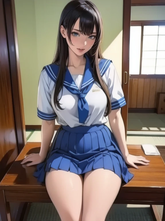 Beautiful , lying in bed, in a back room, with long hair, green black color, with the backpack thrown on the floor, and the shoes with socks thrown on the floor, big chest, looking at his phone, With Uniform, barefoot, showing her sweaty feet, with a look of joy, a blue skirt, and white panties