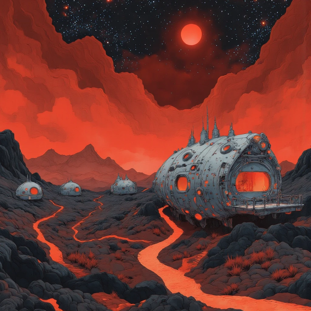 Animation, work of art, 8K quality, theme "space colony", the surface of a planet with active volcanoes, a red sky lit by red-hot lava, people living off geothermal energy, a group of houses standing on high ground like wooden clogs made of sturdy silver alloy, a group of houses built on stilts, the dark space of space spreads out in the background and the galaxy shines, the sky is always dark, eerie black smoke creates a haze, a space pod looks small in the distance.