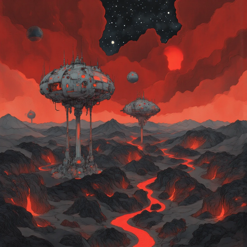 Animation, work of art, 8K quality, theme "space colony", the surface of a planet with active volcanoes, a red sky lit by red-hot lava, people living off geothermal energy, a group of houses standing on high ground like wooden clogs made of sturdy silver alloy, a group of houses built on stilts, the dark space of space spreads out in the background and the galaxy shines, the sky is always dark, eerie black smoke creates a haze, a space pod looks small in the distance.