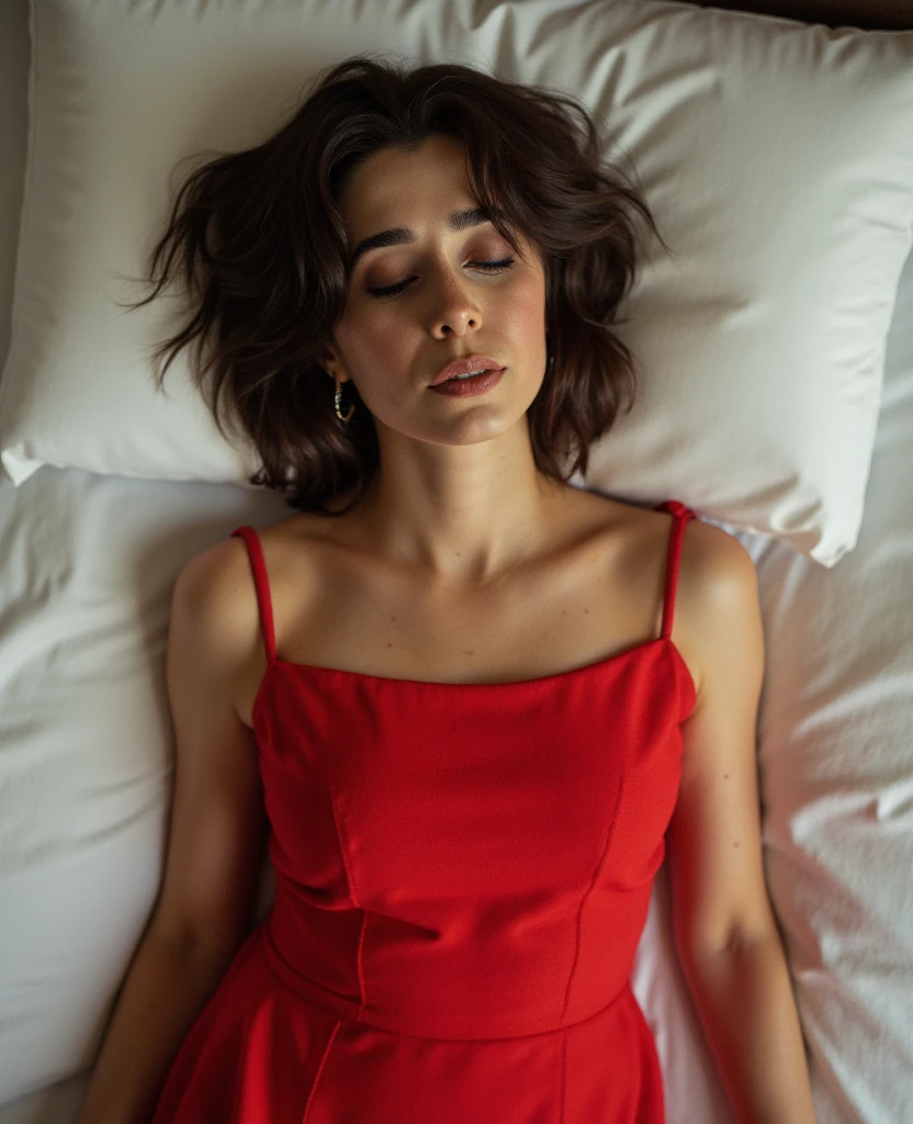 Cristin Milioti, picture from above, lying limp on a bed with white sheets on back, red strapless dress, sleeping, closed eyes, head tilt, mouth slightly open, loose arms