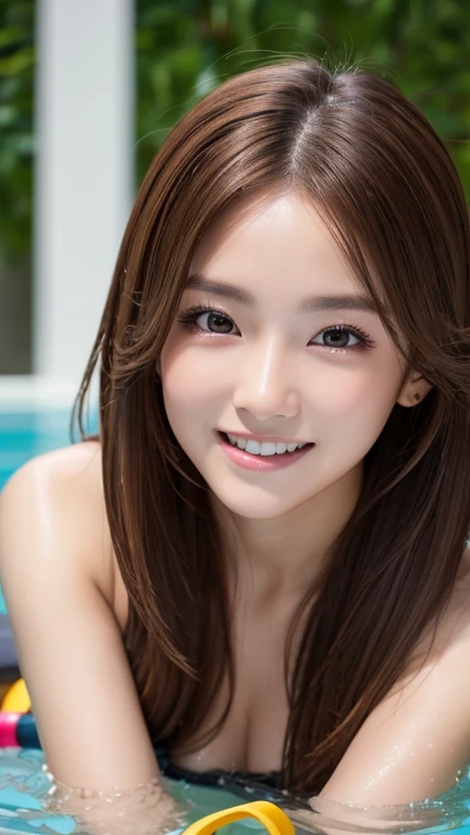 Latex bodysuit、Knee-high boots、Huge 、Long brown hair、Shiny, Oily skin、Glowing Skin、Indoor competition pool、White skin、(original character、unity 16k wallpaper, masterpiece, Highest quality, Ultra-detailed, Extremely detailed CG, Caustics, Cinema Lighting, detailed, Beautiful detailed Eyes, alone), Ultra-high resolution, Fine skin, (Compensate,eyeliner,eye shadow:1.1,Sunburned skin,mascara,curve:1.2,On the chest:1.2,Small breasts), (Strong light)、Oily skin,city,smile, Brown Hair Color, Vivid, from the front:1.2、Gal