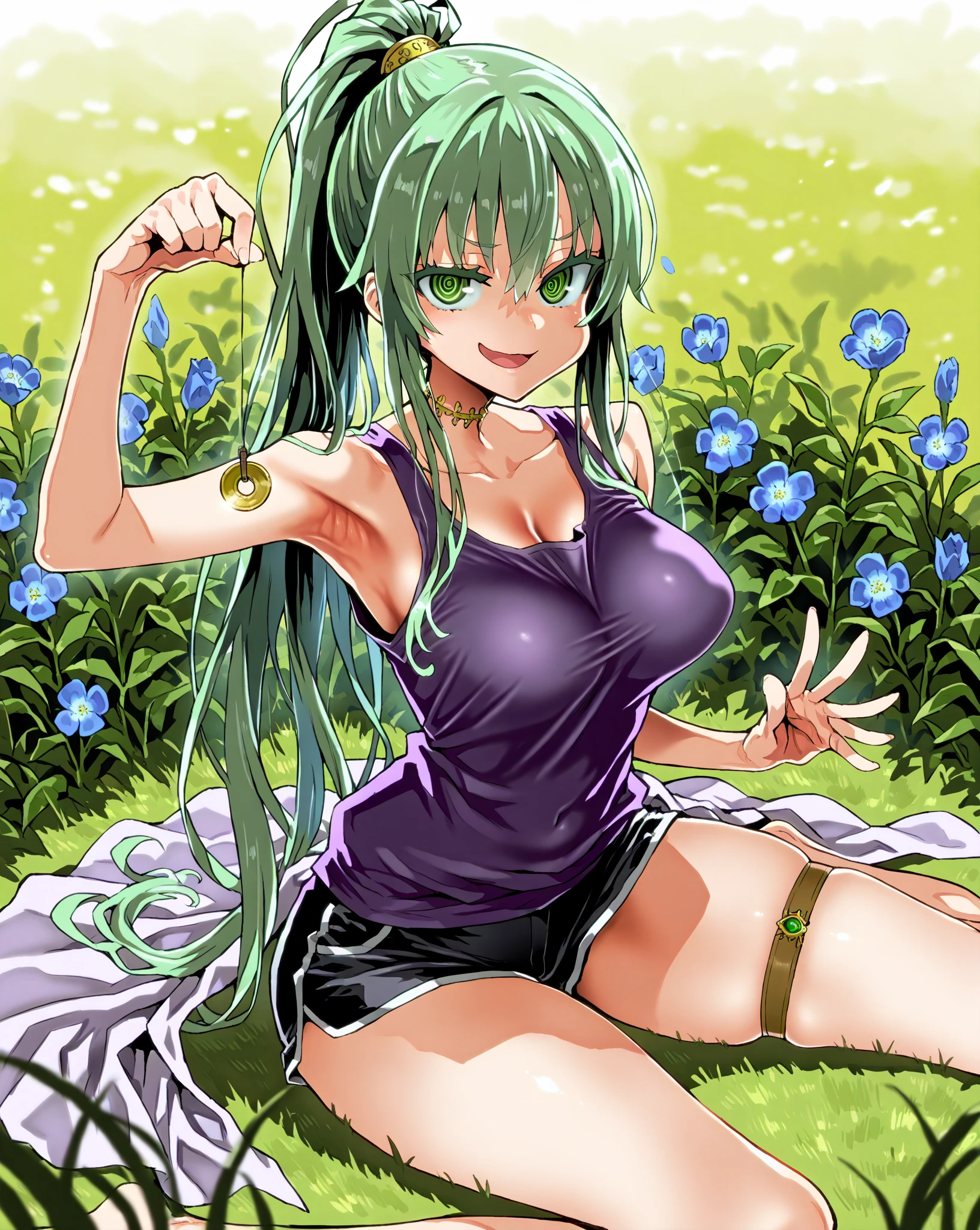 score_9, score_8_up, score_7_up, 1girl,solo, style asanagi, seduce,seductive, beautiful smile, smirk, breasts, medium breasts, in flower field, she is holding a pendulum in one hand \(hypnotist holding a pendulum\), ((holding pendulum)), holding string, perfect hands, one hand up,, bare hands, side view, turning side, armpit focus, open mouth, smirk, looking at viewer, sitting on grass, spread legs, masterpiece, high quality, absurd resolution, beautiful hands, ringed eyes, Spiritual beast tamer winda, green eyes, green hair, long hair, ponytail, high ponytail, black shorts, collarbone, purple tank top, thick thighs, thigh strap,