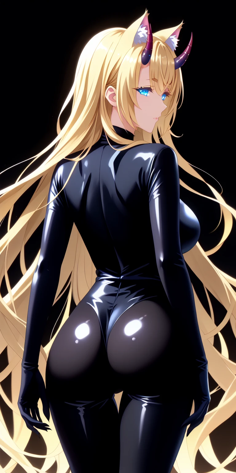 score_9,score_8_up,score_7_up, masterpiece, 1girl, solo, source_anime, scenery, (mature woman:1.3), (wide thighs), (wide hips), (detailed eyes), (high definition eyes), (high gradient eyes), (eyesHD), (best quality:1.4), a close up of a woman with colorful hair, anime girl with cosmic hair, rossdraws pastel vibrant, artwork in the style of guweiz, fantasy art style, colorful, vibrant fantasy style, cosmic and colorful, guweiz, colorfull digital fantasy art, stunning art style, beautiful anime style, shiny, shiny skin, (beautiful female), beautiful face, clear face, Shiny hair, (yellow hair), (very long hair), (blue eyes:1.2), concept art, professional anime, (big eyes:1.2), (big breasts:0.8), sidelocks, ahoge, oni horns, standing, (view from behind), (back view), ass, (beautiful female), beautiful face, (Cat mouth:1.2), clear face, (black cat bodysuit:1.4), (half closed eyes), (Beautiful composition pure white room background:1.3), Tall, cat ears accessories, Shiny hair, Shiny skin