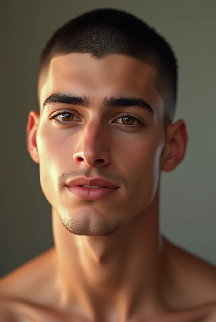 Photo of a male model, fitness, ((Portrait)), ((Detailed face:1.2)), ((defined jawline and chiseled features)), ((strong facial hair Growth)), (toned body), wearing only a pair of fitted athletic shorts, (warm color tone), Bright, Well-lit environment, ((looking directly at the camera with a confident and friendly smile)), ((Best Quality)), ((realistic and vibrant colors)), photographed using a Canon EOS R6, 85mm Lens, F/1.4, ISO 100, (4K Ultra HD) (Wallpaper) (Studio Lighting) (High-Key Lighting) (Clear Focus)
