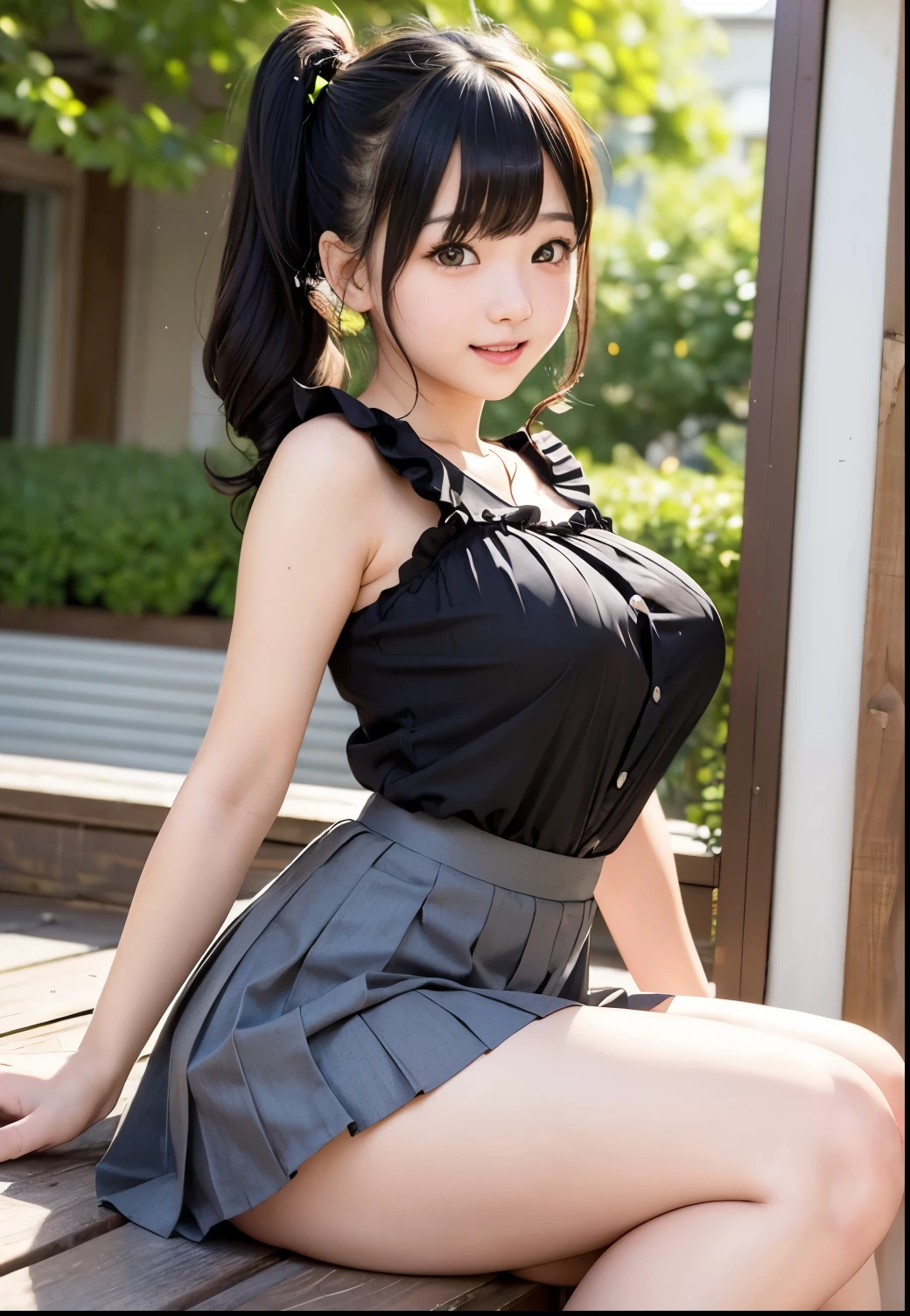 Best Quality, 1 beautiful Japanese woman, On a peaceful morning, a woman sits on a park bench, surrounded by the lush greenery of a well-kept garden. , following a refreshing jog. The background showcases the tranquility of the park, with a scenic view of walking paths, flowering plants, and a distant fountain, reflecting a moment of relaxation and connection with nature,nsfw,(Flirtingly lifting her skirt to show her panties:1.5),(from below:1.5),(low angle:1.5)