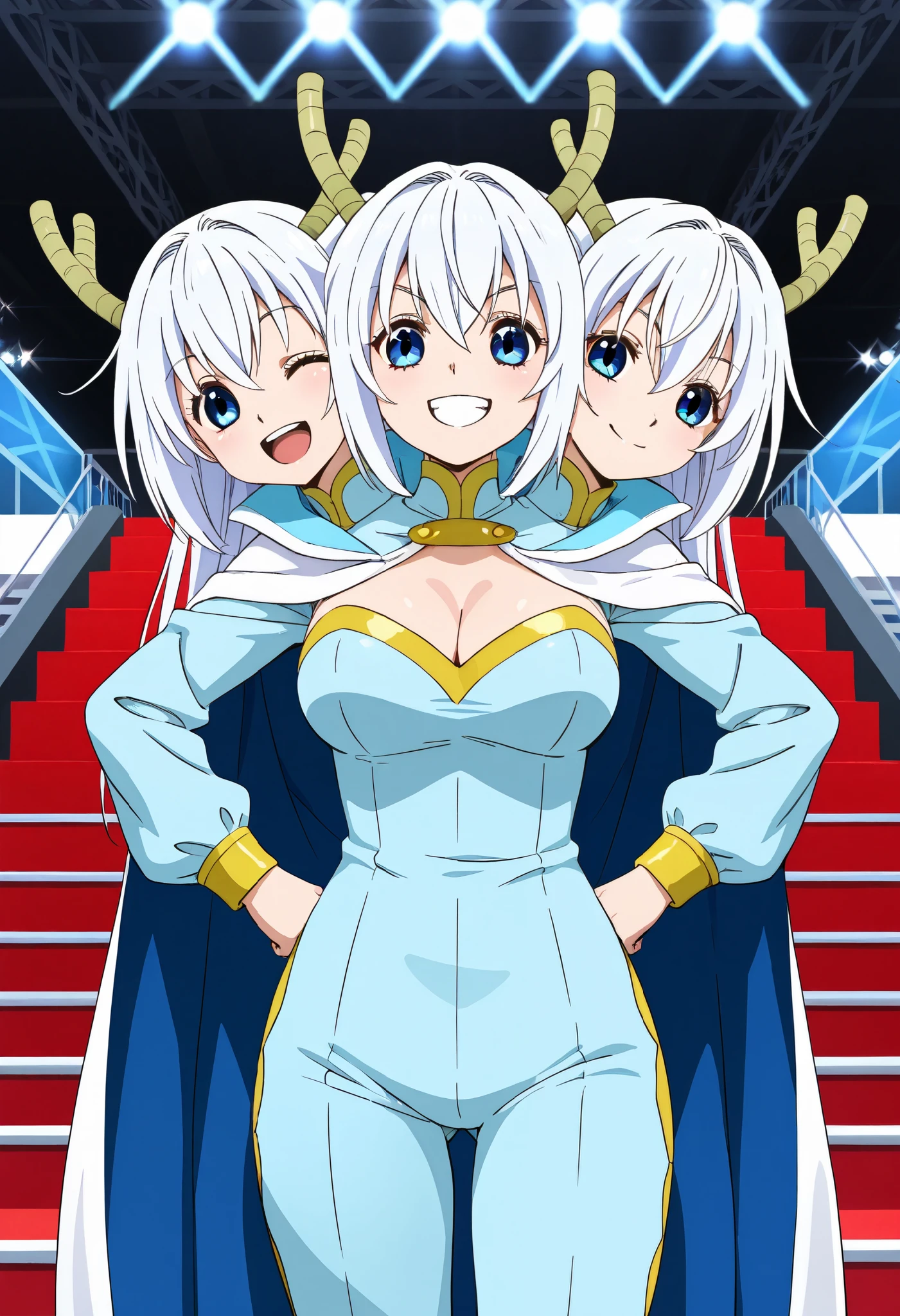 anime girl with three heads, white hair, blue eyes, confident, winking, smiling, hands on hips, light blue dragon girl costume, convention center stage