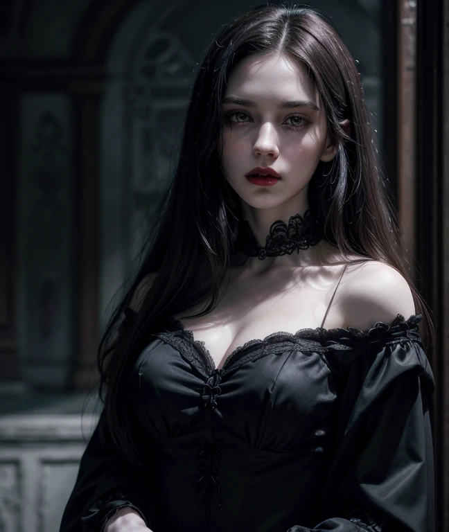 (work of art, best qualityer), details Intricate, 1 black girl, standing alone, blackw, dark brown hair, huge hair, hair with white ends, Ahoge, blue colored eyes, blue bows all over your hair, plein-air, regatta dress, black gown, neckleace, unexpressive, looking ahead at viewer,, ((Close  up, standing alone, 1womanl, black lipstick, extremely detaild, soft ambient lighting, 4K, perfects eyes, a perfect face, perfect lighting, the 1 girl)), (shy, highest quallity, work of art:1.2), High definition RAW color photo, proffesional, cinematic light, gothic aesthetics, horor, mysterious atmosphere, dark eyeshadow, unforgettably beautiful, scary landscape, gothic architecture, mysterious atmosphere, decaying ruins, mist hazy, dramatic lighting, Color Dark, scary details, (beautfull woman, flowing black gown, haunted house, cute presence, Gothic fashion, lace and velvet, dark blue dress with gold and vclack), mysterious storm clouds, moonlight night, be supernatural, mysterious shadow, Gothic charm, romantic rose in a dark corner, Bright black roses, creeping vine, dripping candle, secret whispers、delicate sculptures, Ancient Curses, thunder and lightning, scary fog and crows, Medieval atmosphere, spiderweb, beautiful chandelier、Gargoyle - decorated roof, bleeding statue, sublime beauty, gothic aesthetic