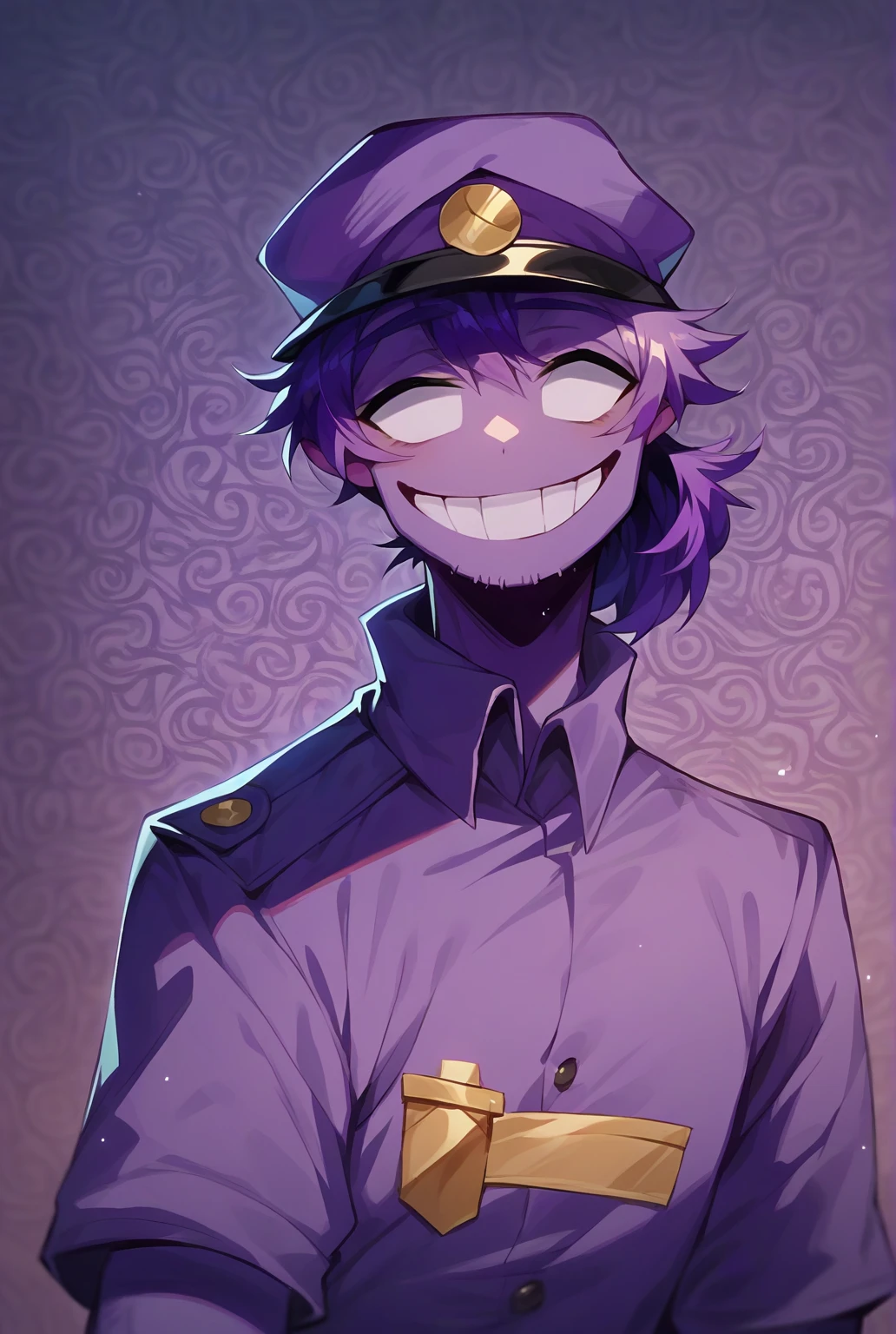  score_9,  score_8_above,  score_7_above,,   good quality  ,,  character focus, Alone,,  better quality ,  detailed background,  VICENTE , Purple hat, uniform purple , 1 , smile, smile, purple skin,  purple hair , collect,      Gerfito _style