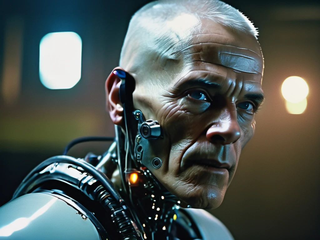 50 year old male cyborg, sparse grey hair, buzz cut hair, right eye replaces with cybernetic camera, 2 square inch metal plate as part of the top of his skull, obvious metal lower jaw, looking at right side of face, wearing grease stained white t-shirt