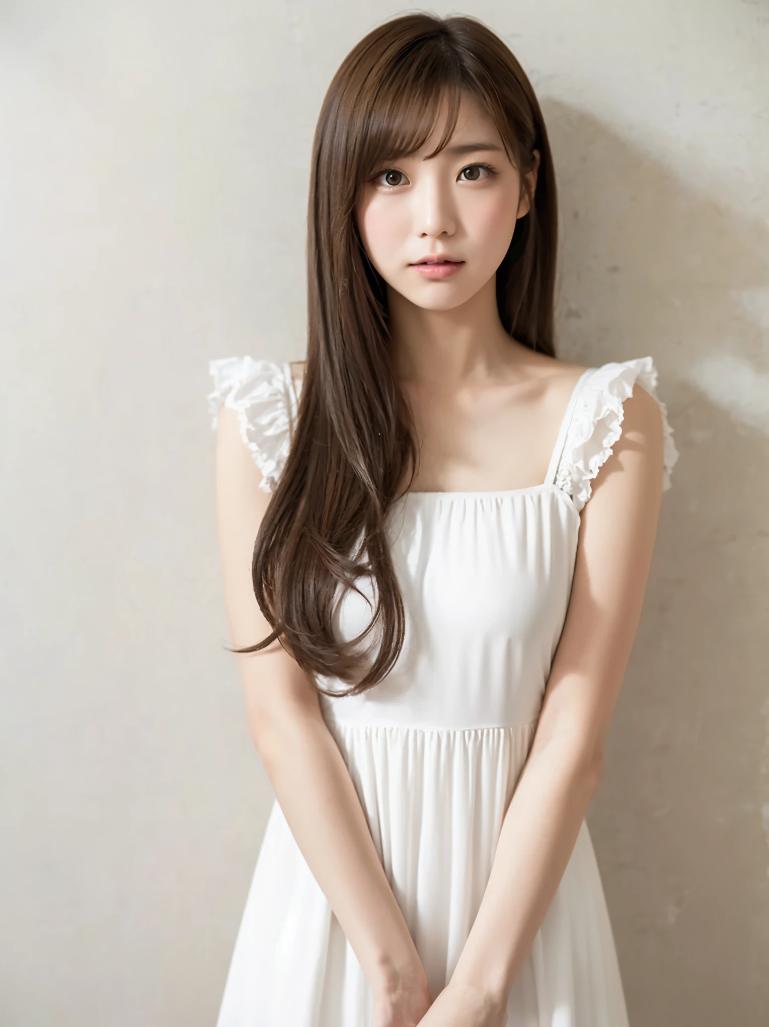 Top quality, realistic, perfect human body structure, very detailed, very delicate and beautiful, RAW photography, living room, professional lighting, luminescence, depth of field, single focal, full body, 13 year old girl, smile, brown hair, small head, ((big)), baby face, beautiful eyes, real face, realistic skin, detailed eyes, (fashionable hairstyle: 1.3), bangs, sexy pose, absurderes、Incredibly Ridiculous res、Extremely fine,