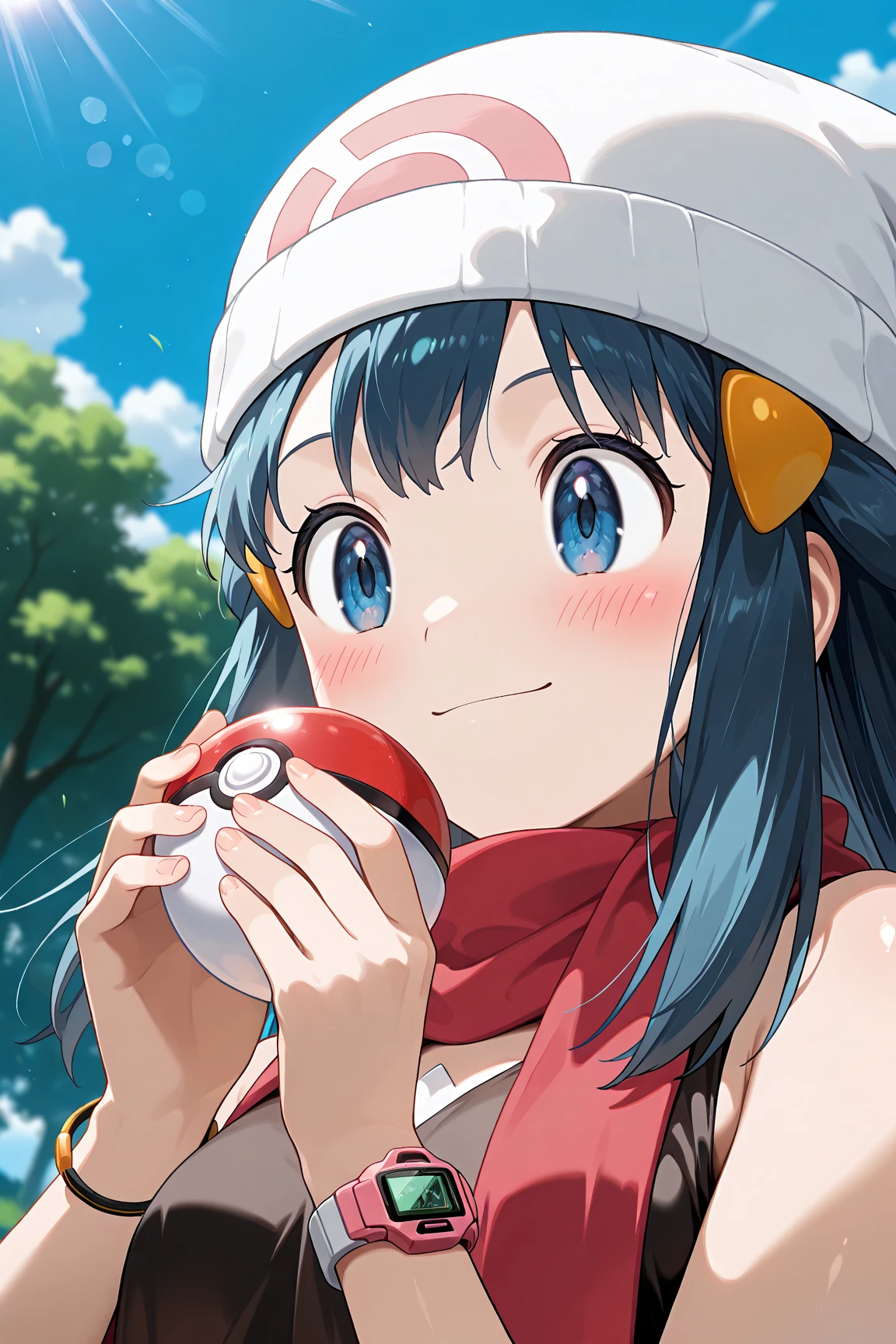 score_9, score_8_up, score_7_up, score_6_up, score_5_up, score_4_up, source_anime, aadawn, long hair, blue hair, beanie, white headwear, hair ornament, blue eyes, breasts, red scarf, sleeveless shirt, black shirt, wristwatch, bracelet, pink skirt, standing, outdoors, filed, flower, tree, holding poke ball, smile,

(realistic skin0.8),
Shiny, skin,

(blush:1.4), smile,
cinematic, dramatic, (blurry background:1.4), depth of field, 
1girl, solo, joyful, smile, dynamic pose, dynamic angle, from below, 
outdoors, nature,
(portrait:1.7),
(focus on face:1.2),
(closed-up shot:1.5),
sunny,
blue sky,
cloud,
sunlight,
wind,