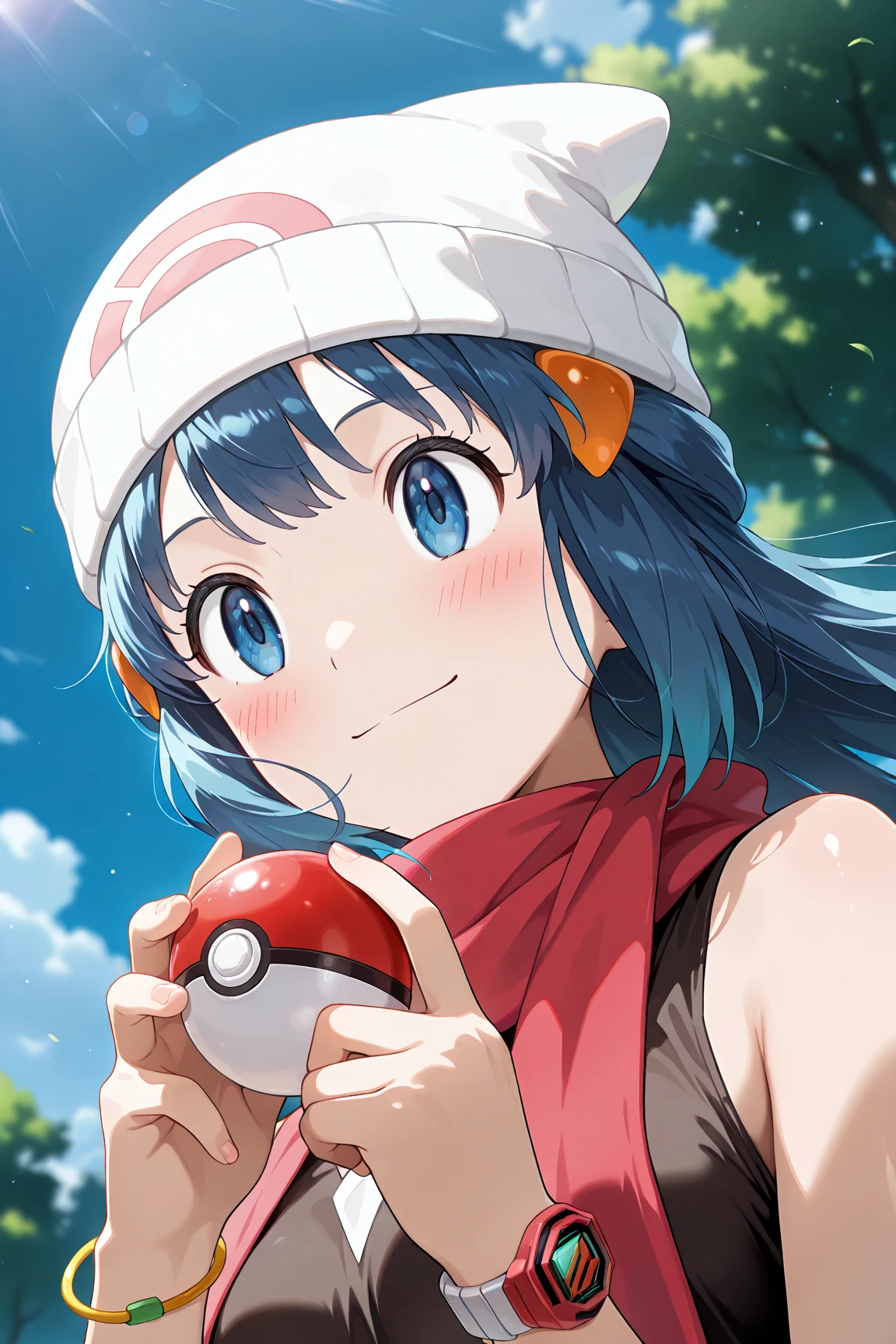 score_9, score_8_up, score_7_up, score_6_up, score_5_up, score_4_up, source_anime, aadawn, long hair, blue hair, beanie, white headwear, hair ornament, blue eyes, breasts, red scarf, sleeveless shirt, black shirt, wristwatch, bracelet, pink skirt, standing, outdoors, filed, flower, tree, holding poke ball, smile,

(realistic skin0.8),
Shiny, skin,

(blush:1.4), smile,
cinematic, dramatic, (blurry background:1.4), depth of field, 
1girl, solo, joyful, smile, dynamic pose, dynamic angle, from below, 
outdoors, nature,
(portrait:1.7),
(focus on face:1.2),
(closed-up shot:1.5),
sunny,
blue sky,
cloud,
sunlight,
wind,