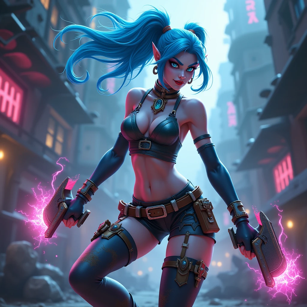 Jinx, estilo arcano, ((1girl)), asymmetrical bangs, franja azul, cabelo azul, pigtail, camisa marrom, tatuagem de nuvem, cabelo azul, jinx de cabelo longo, diafragma, olhos cor de rosa, gorgeous body, red-lips, wide hips, detailed abs, twin braids, Jinx de Arcane\(league of legends\) (arcane style), solo