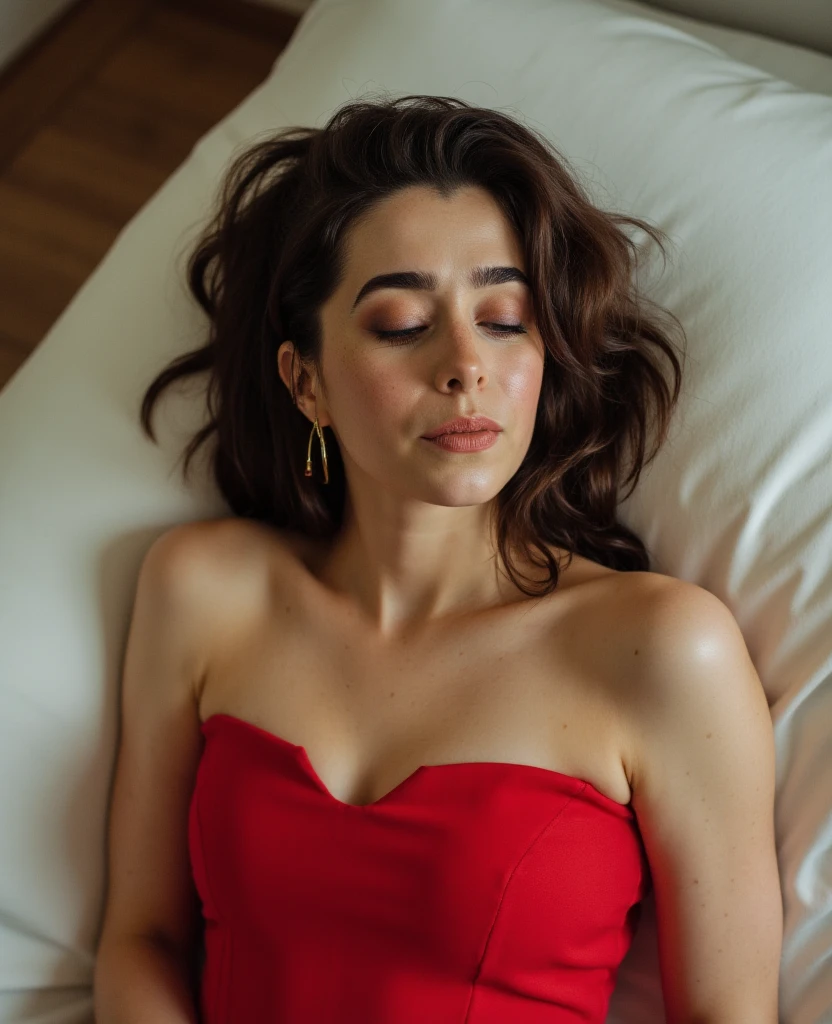 Cristin Milioti, picture from above, lying limp on a bed with white sheets on back, red strapless dress, sleeping, closed eyes, head tilt, mouth slightly open, loose arms