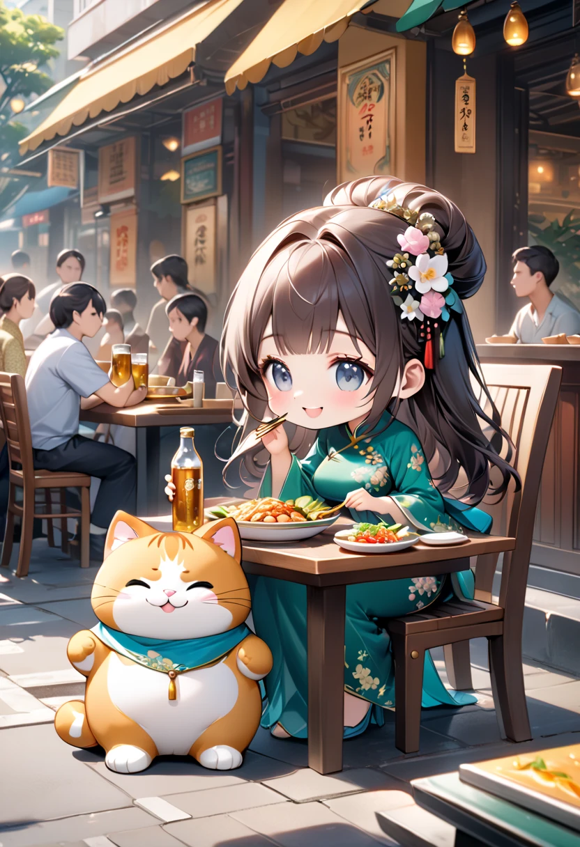 (masterpiece), (ultra-detailed), (best quality), (clear focus), dramatic scene, cinematic, shadow, (ultra-high resolution), (8k), perfect anatomy, perfect face, (detailed face), (detailed eye), (chibi:1.3), (cute Japanese chibi small girl:1.3), famous Japanese chibi idol, very beautiful with cute but cool face, (the girl is wearing an elegant floral patterned Vietnamese ao dai:1.2), wearing flip flap, (medium breasts), (She is enjoying Vietnamese local food at the open-air table at the local restaurant:1.3), she is sitting, simple table and chair, gorgeous delicious local food and large bottle of beer on the table, at the downtown street in Ho Chi Minh city in 2000, Cluttered streets, people walking on the sidewalks, rows of miscellaneous buildings, trees, (the giant fat cat is sitting on the chair while mewing:1.2), (detailed giant fat cat with jitome:1.2), paw, they looks so happy, happy smile, (shoot from side)