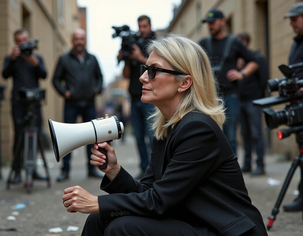 An actress who has changed from being an actress who is filmed to being a filmmaker, Side View, full body,  sitting pose,  Melanie Lauren, 50-age, (blonde middle hair, sunglass, cry ),hand hold white megaphone, near film cinematic camera, many Cinema staff, in destroy city in Ukraine, Title is decoration black Italic letter "Original Sin " writhing bottom screen,  (photographic, super high definition , retina, masterpiece, anatomically correct, Accurate, textured skin, super detailed, High Details , High Quality , High Quality , high definition , 8k)
