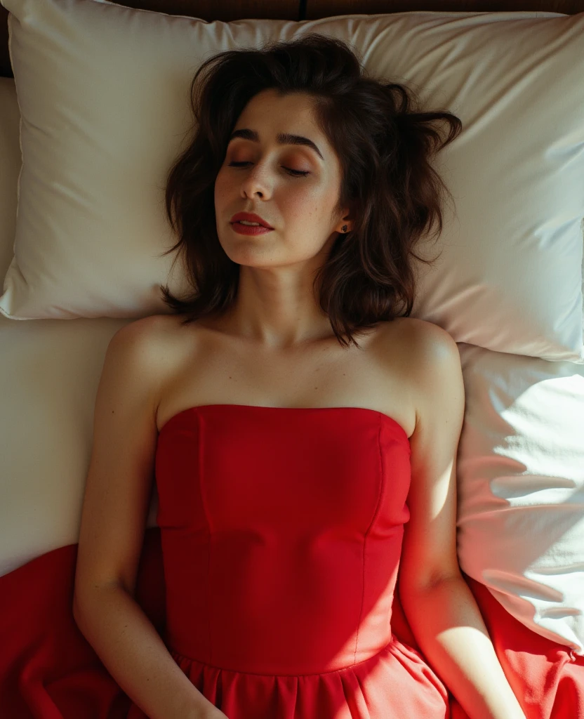 Cristin Milioti, picture from above, lying limp on a bed with white sheets on back, red strapless dress, sleeping, closed eyes, head tilt, mouth slightly open, loose arms