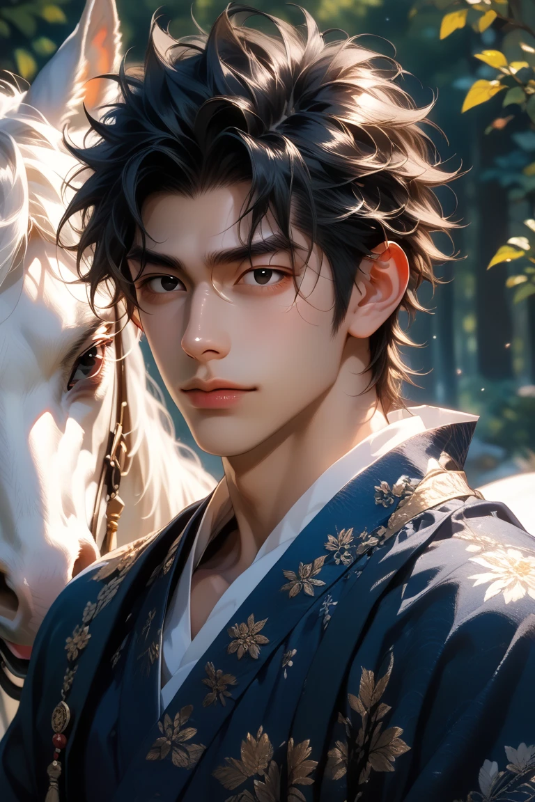 adult male, solo, broad shoulders, short hair, jet-black hair, messy hair, jet-black eyes, (half closed eyes:0.8), detailed eyes, detailed face, handsome face, masculine face, (Ashitaka, Ghibri), (blue japanese vulgar clothes), (with white horse), (forest), good anatomy, best quality