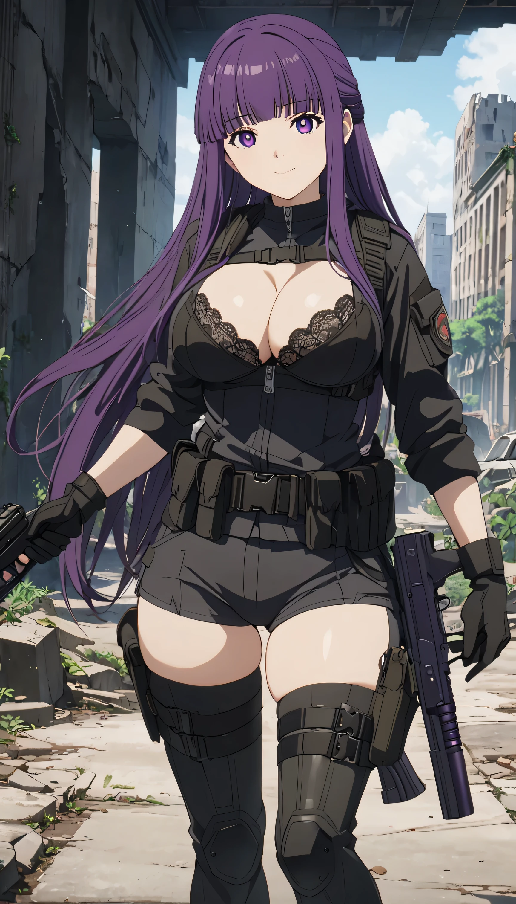 ultra-detailed, 1girl, fern, ((masterpiece)), (best quality), (highres), 16K, perfect face, long hair, bangs, purple eyes, purple hair, sidelocks, blunt bangs, bright pupils, half updo, large breasts, anime screencap, wearing tactical clothes, wearing black bra, wearing black panties, black gloves, tactical belt, thigh boots, busty body, large breasts and a beautiful ass, showcasing cleavage, legs, hips, holding gun, looking at viewer, smile, detailed full body, city ruins background