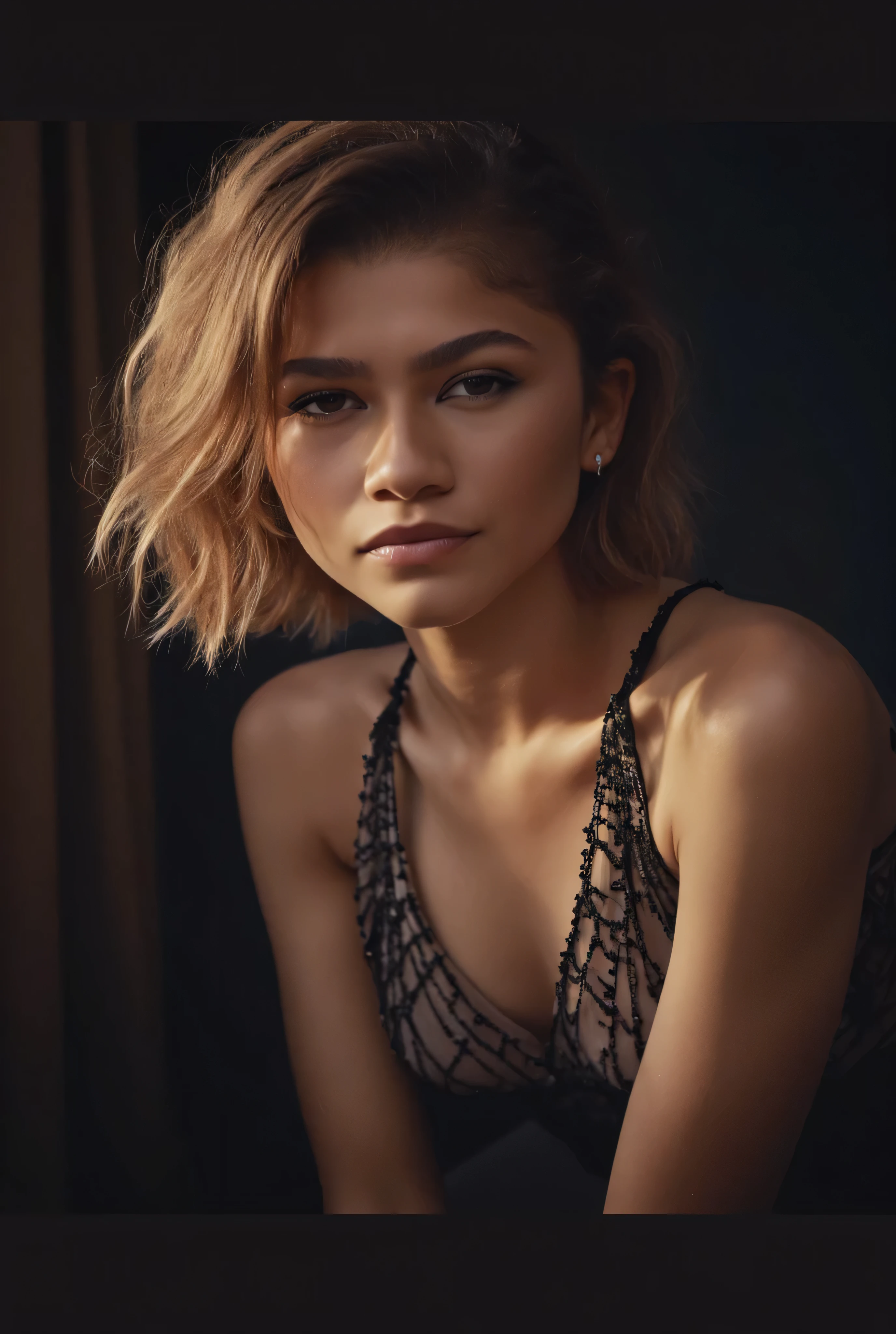 High res waist up portrait photo of a woman directly facing the camera with eye-makeup featuring glittery eye-shadow and clear glossy lip-gloss. a slight seductive look.