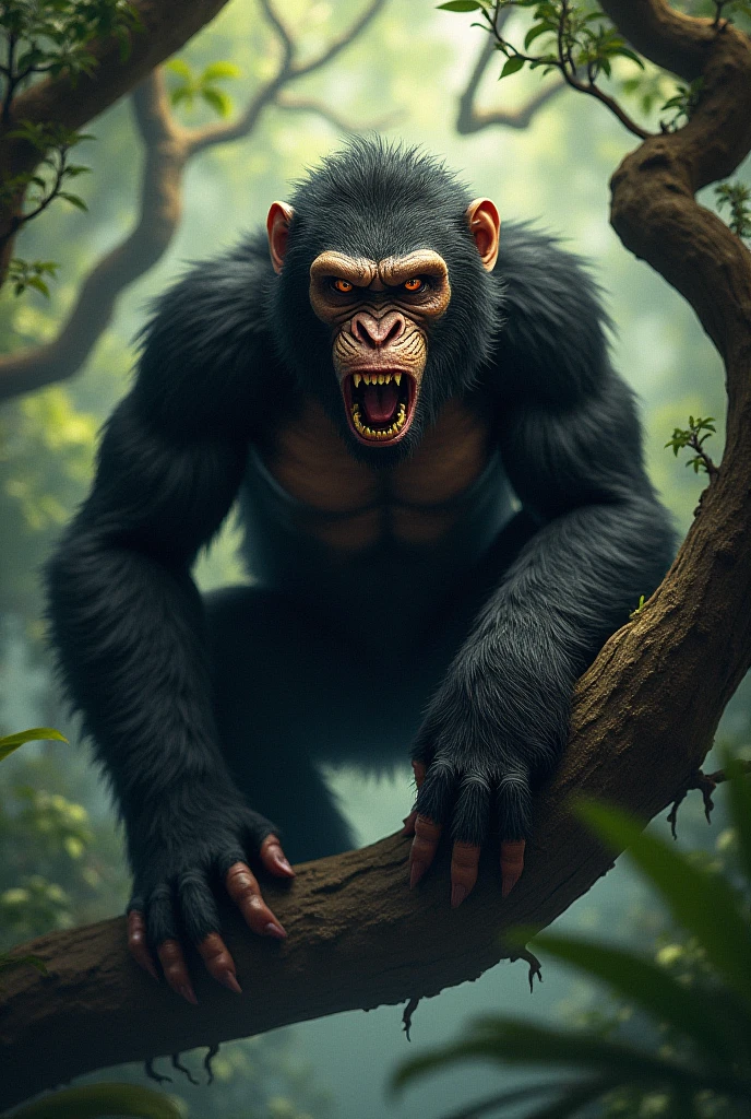 Angry chimpanzee with a loincloth, crown and tattoos