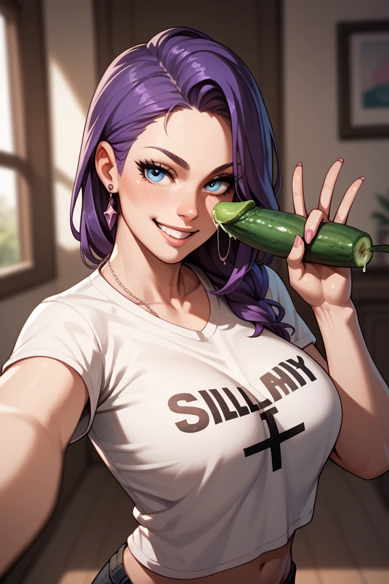 score_9, score_8_up, score_7_up, score_6_up, 1girl, purple hair, blue eyes, 
holding, slimy cucumber, seductive smile, slimy hand, t-shirt, slimy string, selfie, large breasts, gesture, 