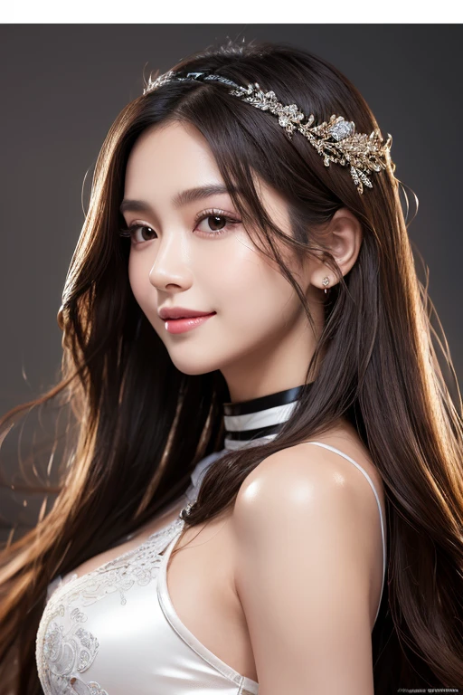 portrait of a beautiful 20 year old holy woman, wearing a thin multicolored silk dress, a beautiful face without blemish, without freckles and moles on her face, (((beautiful smile:1.4))), ((7 color long hair:1.2)), big crown, hair brooch, hanfu dress, chinese ancient style, full body jewelry, forehead tattoo: (very even and red lips, face full of details, face 1.8) the goddess' skin is smooth white, rosy, cinematic, light and dark, dramatic light, magical light, extremely detailed light, true color, super sharp, realistic, 8k quality, fantasy universe background, saint and magical space, the most detailed image,