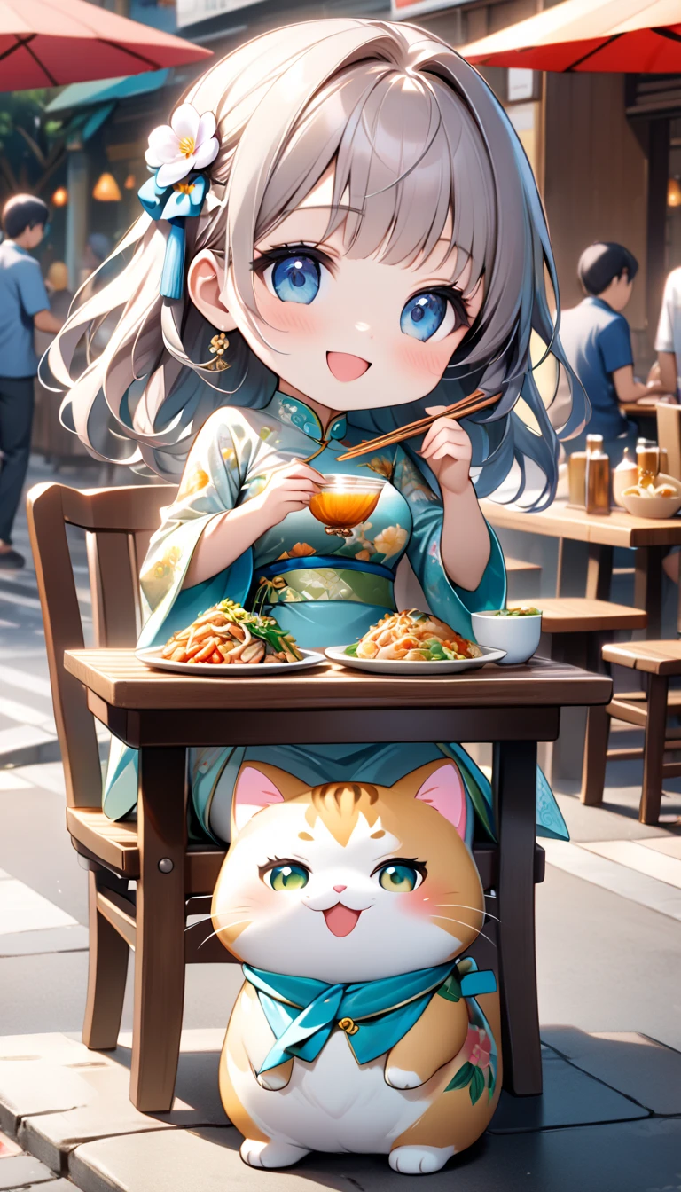 (masterpiece), (ultra-detailed), (best quality), (clear focus), dramatic scene, cinematic, shadow, (ultra-high resolution), (8k), perfect anatomy, perfect face, (detailed face), (detailed eye), (chibi:1.3), (cute Japanese chibi small girl:1.3), famous Japanese chibi idol, very beautiful with cute but cool face, (the girl is wearing an elegant floral patterned Vietnamese ao dai:1.2), wearing flip flap, (medium breasts), (She is enjoying Vietnamese local food at the open-air table at the local restaurant:1.3), she is sitting, simple table and chair, gorgeous delicious local food and large bottle of beer on the table, at the downtown street in Ho Chi Minh city in 2000, Cluttered streets, people walking on the sidewalks, rows of miscellaneous buildings, trees, (the giant fat cat is sitting on the chair while mewing:1.2), (detailed giant fat cat with jitome:1.2), paw, they looks so happy, happy smile, (shoot from side)