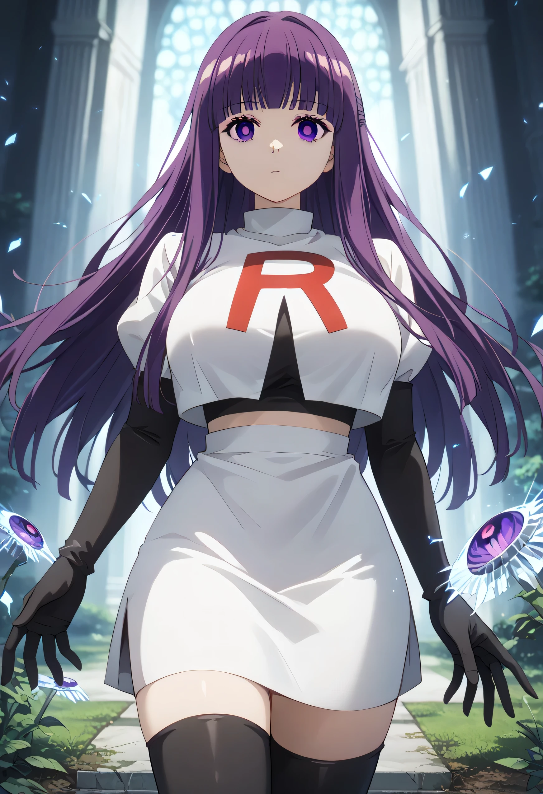 fern, fern, long hair, bangs, (purple eyes:1.1), purple hair, sidelocks, blunt bangs, (bright pupils:1.5), (huge breasts), BREAK Cosplay_TeamRocket, team rocket uniform, white jacket, cropped jacket, white skirt, elbow gloves, black thighhighs, zettai ryouiki, BREAK looking at viewer, (cowboy shot:1.5), BREAK (masterpiece:1.2), best quality, high resolution, unity 8k wallpaper, (illustration:0.8), (beautiful detailed eyes:1.6), extremely detailed face, perfect lighting, extremely detailed CG, (perfect hands, perfect anatomy),