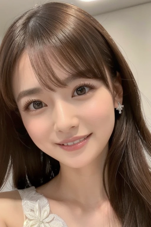 ((Selfie 1.6))((Smile 1.6))、front、Close-up face、Wavy Hair｟Looking into the camera｠Blonde、With bangs、Highest quality, Masseter muscle area, Ultra-high resolution, (Realistic:1.4), RAW Photos, high resolution, High definition, masterpiece、18-year-old girl、In the apartment
